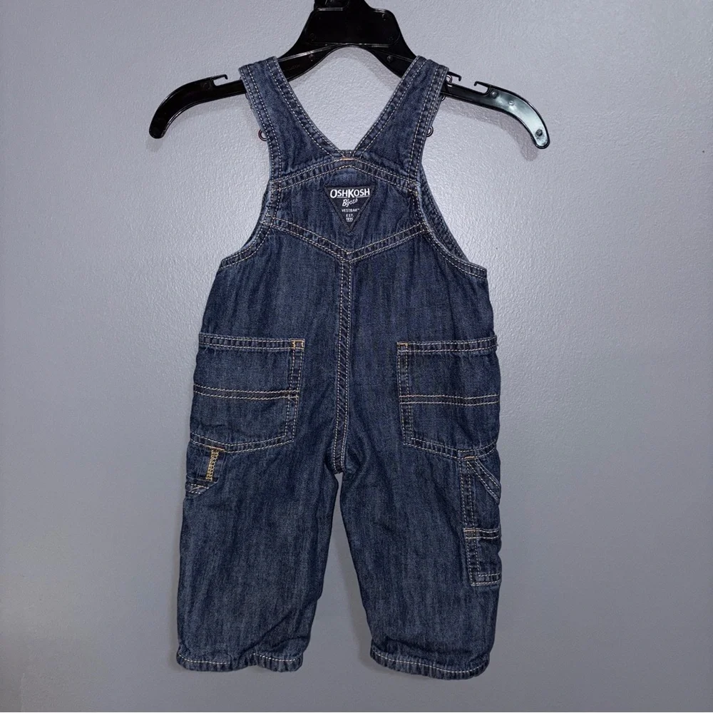 OshKosh B'gosh Classic Blue Overalls Lined Red Checkered Accents Infants 6m